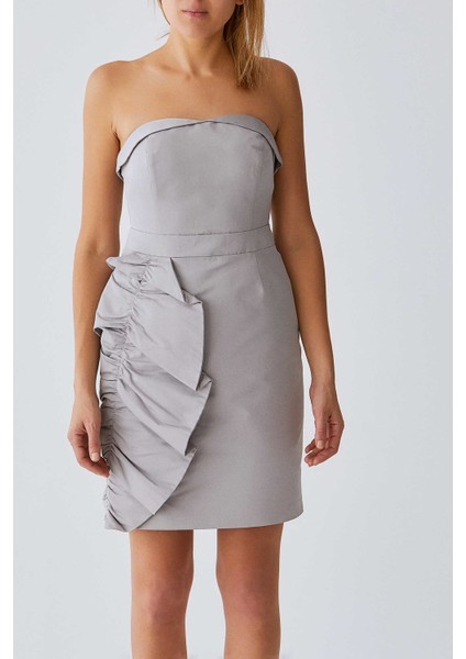 Büzgülü Straplez Elbise Gri Y1121055_004