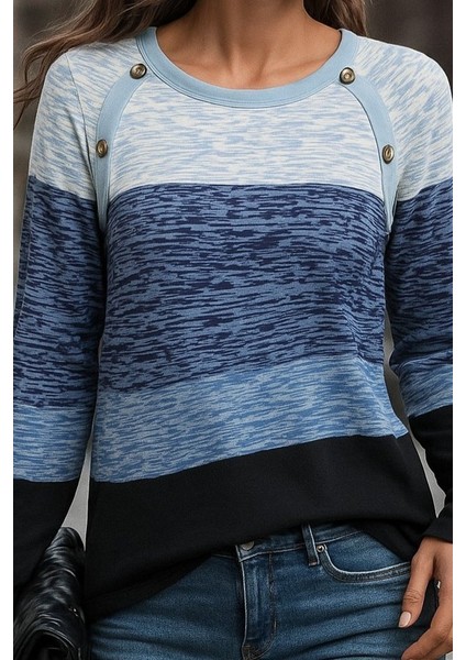 Kadın Uzun Kollu Yuvarlak Yaka Baskılı Düğme Detay Süprem Bluz fiyatları
