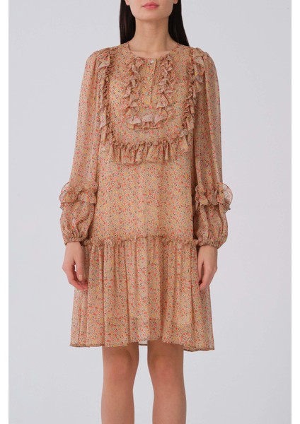 Önü Fırfırlı Uzun Kol Çiçek Desenli Günlük Elbise Standart Renk Y2111039_089