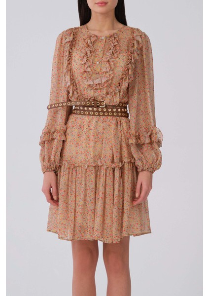 Önü Fırfırlı Uzun Kol Çiçek Desenli Günlük Elbise Standart Renk Y2111039_089 fiyatları