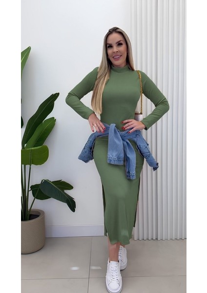 Kadın Uzun Kollu Balıkçı Yakalı Yanlardan Yırtmaçlı Kaşkorse Maxi Elbise fırsatları