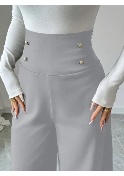 Kadın Yüksek Bel Düğmeli Geniş Paçalı Ithal Krep Pantolon indirimleri