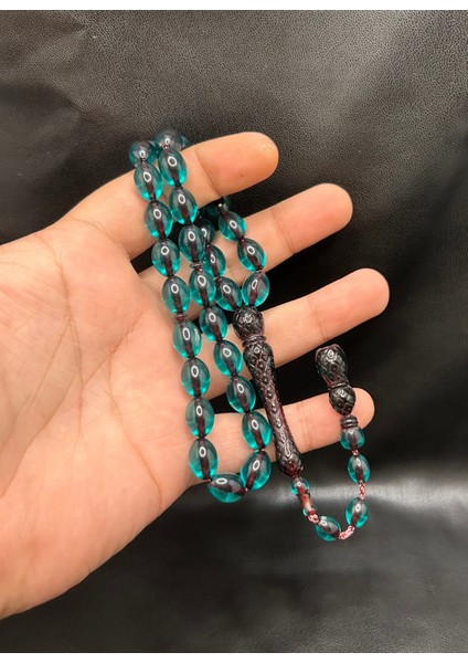 Imame Işlemeli Beyzi Kesim Petrol Yeşili Toz Kehribar Tesbih fiyatları