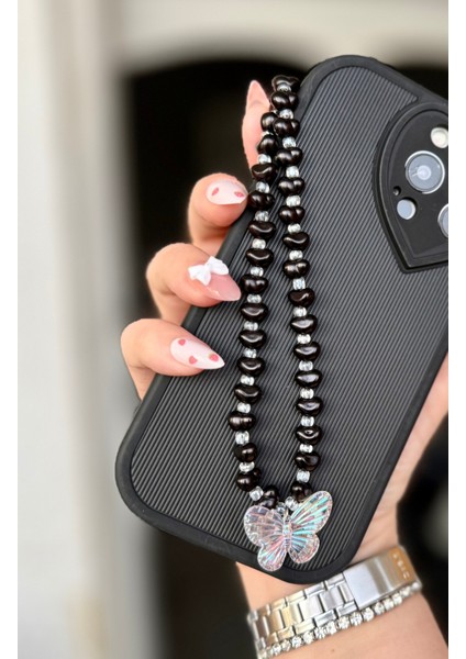 Miraztasarısiyah Incili Sallanan Kelebek Aksesuarlı Telefon Charmı Telefon Askısı Telefon Ipi