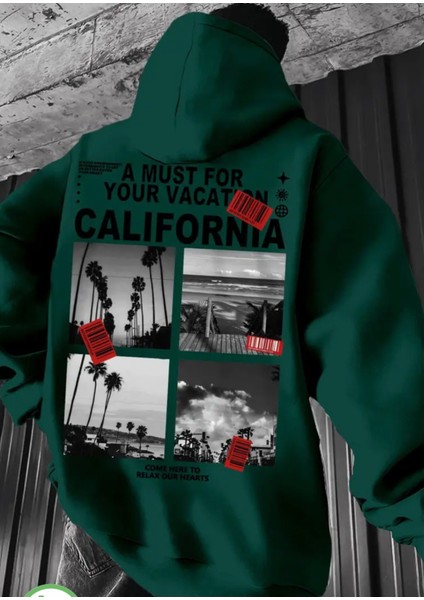 Büyük Beden Özel Tasarım Calıfornia Relax Sırt Baskılı Oversize Kapüşonlu Erkek Trend Sweatshırt