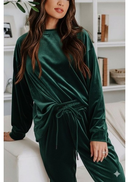 Aknbutik Kadın Uzun Kollu Yuvarlak Yakalı Kadife Bluz ve Pantolon Takım