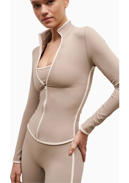 Base Contrast Trim Zip Up Jacket Şekillendirici Kontrast Detaylı Kadın Ceket