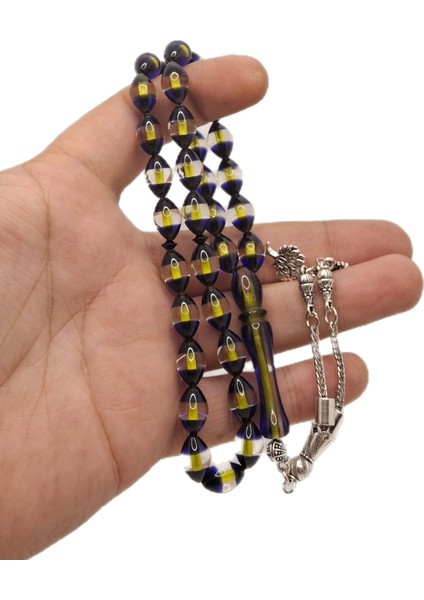 Sarı Lacivert Arpa Kesim Sürmeli Toz Kehribar Tesbih