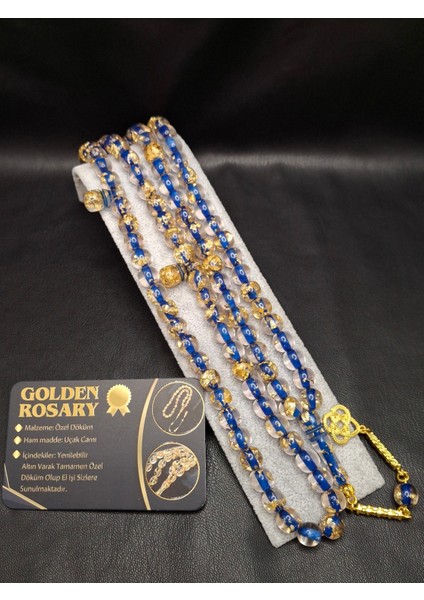Mavi Renk Altın Varaklı 99'lu Uçak Camı Tesbih