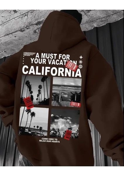 Büyük Beden Özel Tasarım Calıfornia Relax Sırt Baskılı Oversize Kapüşonlu Erkek Trend Sweatshırt