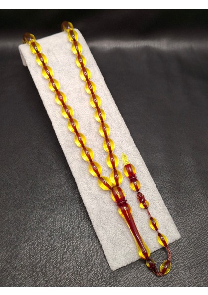 Içi Kırmızı Sarı Renk Beyzi Kesim Toz Kehribar Tesbih