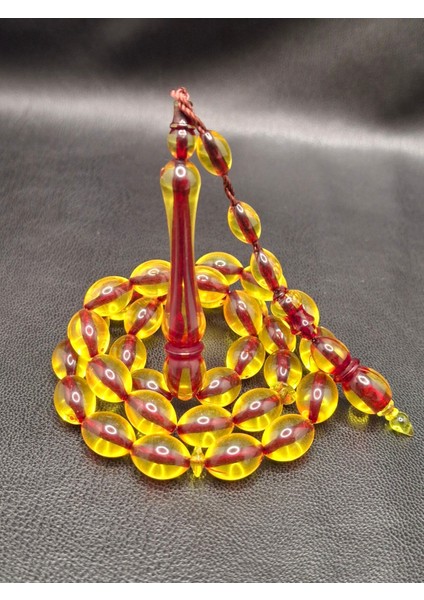 Içi Kırmızı Sarı Renk Beyzi Kesim Toz Kehribar Tesbih modelleri