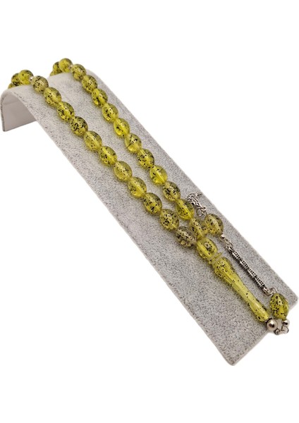 Beyzi Kesim Içi Fosil Desenli Yeşil Sarı Toz Kehribar Tesbih