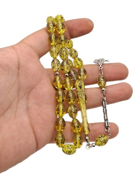 Beyzi Kesim Içi Fosil Desenli Yeşil Sarı Toz Kehribar Tesbih fiyatları