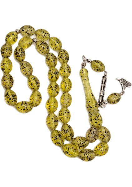 Beyzi Kesim Içi Fosil Desenli Yeşil Sarı Toz Kehribar Tesbih modelleri