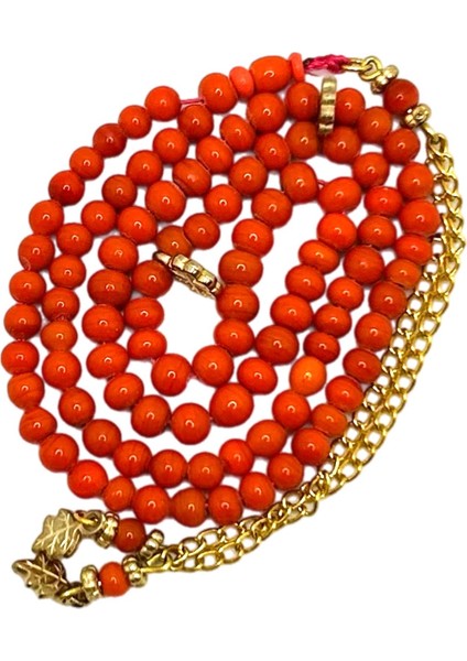 Küre Kesim Altın Renk Kombinli Minik Doğal 99’lu Mercan Taşı Tesbih modelleri