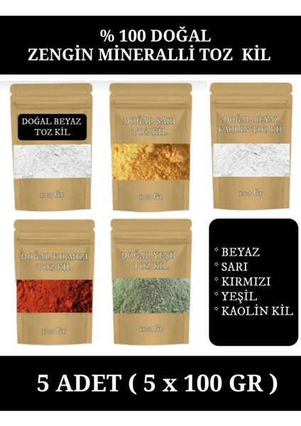 Kaolin Kil & Kırmızı Kil & Sarı Kil & Yeşil Kil & Beyaz Kil Yüz Maskesi Toz Kil Maskesi 5 x 100 Gr.