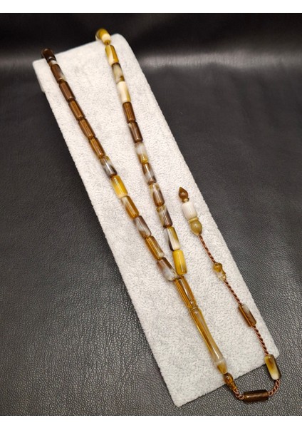 Kahverengi Mozaik Desenli Kesme Kesim Toz Kehribar Tesbih