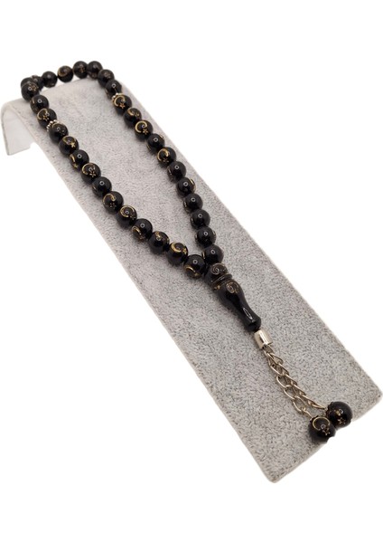 Altın Ay Yıldız Desenli Siyah Toz Kehribar Tesbih