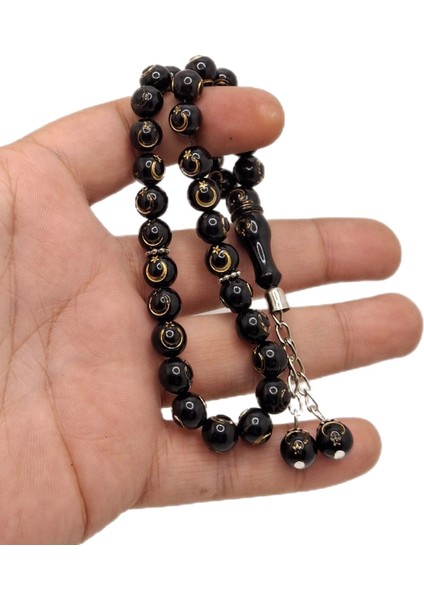 Altın Ay Yıldız Desenli Siyah Toz Kehribar Tesbih fiyatları