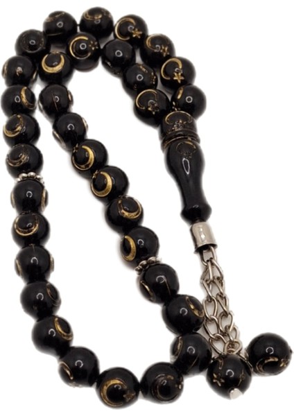 Altın Ay Yıldız Desenli Siyah Toz Kehribar Tesbih modelleri