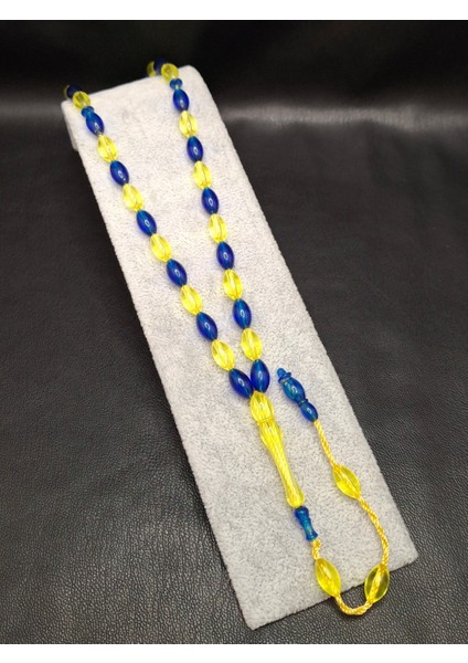 Sarı Lacivert Renk Arpa Kesim Taraftar Model Toz Kehribar Tesbih