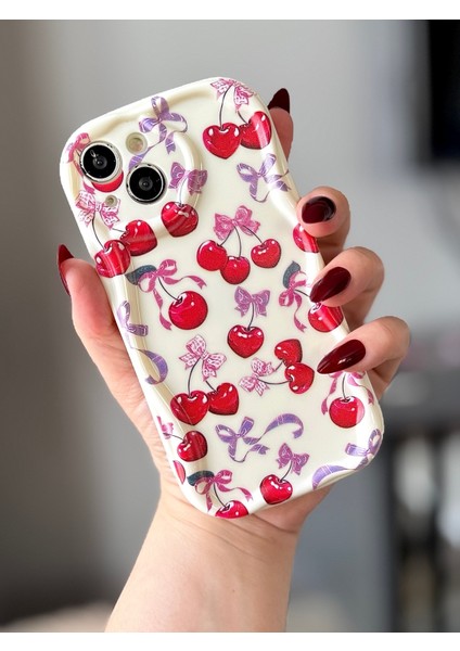 IPHONE 13 Kiraz / Fiyonk Desenli Ekru Renk Kılıf