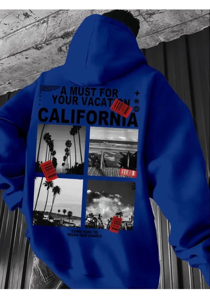 Büyük Beden Özel Tasarım Calıfornia Relax Sırt Baskılı Oversize Kapüşonlu Erkek Trend Sweatshırt