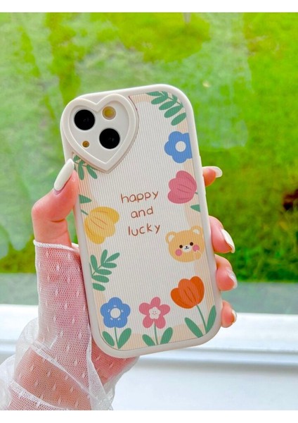 Iphone 13 Kalp Detay Çiçek ve Ayıcık Desenli Ekru Kılıf