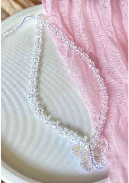 Miraztasarım Sallanan Kelebek Aksesuarlı Şeffaf Küp Boncuklu Telefon Charmı Telefon Ipi