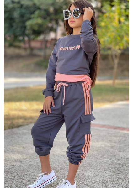 Kız Çocuk Yazı Detaylı Crop Kaşkorse Kolsuz Badi Detaylı Kargo Cepli Alt Lacivert Eşofman Takım fiyatları
