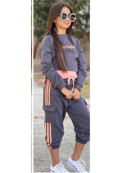 Kız Çocuk Yazı Detaylı Crop Kaşkorse Kolsuz Badi Detaylı Kargo Cepli Alt Lacivert Eşofman Takım fırsatları