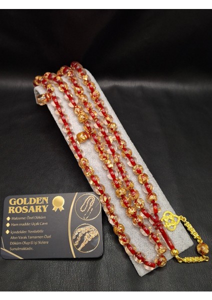 Kırmızı Renk Altın Varaklı 99'lu Uçak Camı Tesbih