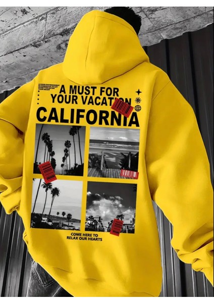 Büyük Beden Özel Tasarım Calıfornia Relax Sırt Baskılı Oversize Kapüşonlu Erkek Trend Sweatshırt