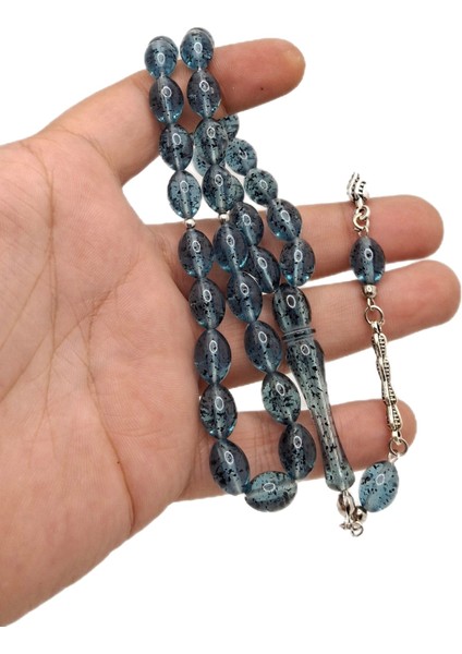 Beyzi Kesim Içi Fosil Desenli Mavi Toz Kehribar Tesbih fiyatları