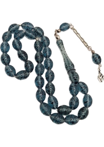 Beyzi Kesim Içi Fosil Desenli Mavi Toz Kehribar Tesbih modelleri