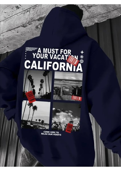 Büyük Beden Özel Tasarım Calıfornia Relax Sırt Baskılı Oversize Kapüşonlu Erkek Trend Sweatshırt