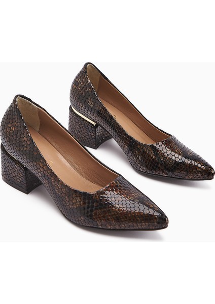 Emelia Hakiki Deri Kahve Yılan Desenli Kadın Topuklu Ayakkabı