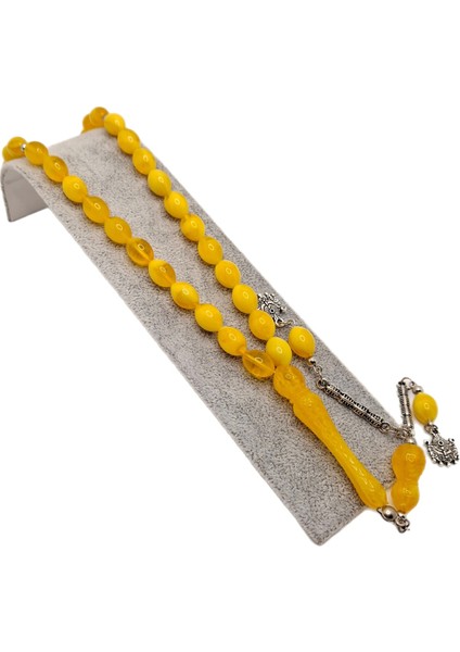 Beyzi Kesim Sarı Renk Imame Işlemeli Toz Kehribar Tesbih