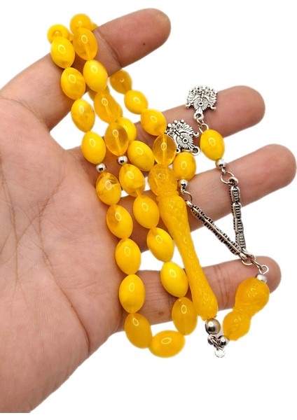 Beyzi Kesim Sarı Renk Imame Işlemeli Toz Kehribar Tesbih fiyatları