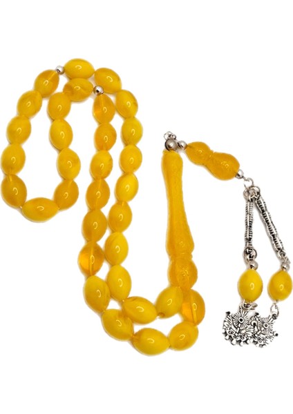 Beyzi Kesim Sarı Renk Imame Işlemeli Toz Kehribar Tesbih modelleri