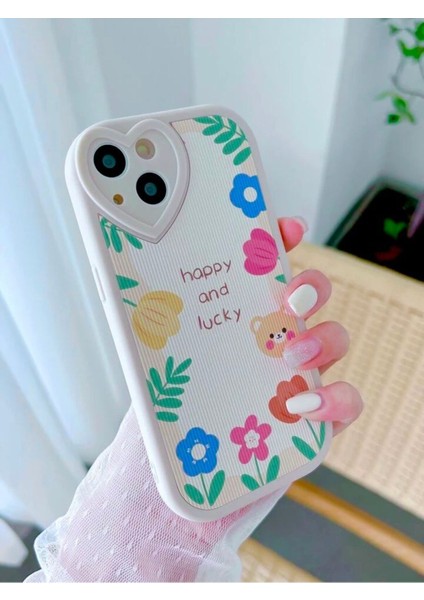 Iphone 13 Kalp Detay Çiçek ve Ayıcık Desenli Ekru Kılıf fiyatları