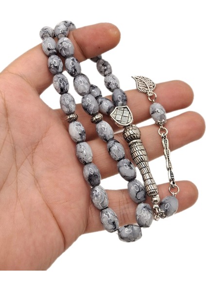 Fıçı Kesim Gri Mermer Desenli Cam Tesbih fiyatları