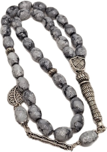 Fıçı Kesim Gri Mermer Desenli Cam Tesbih modelleri