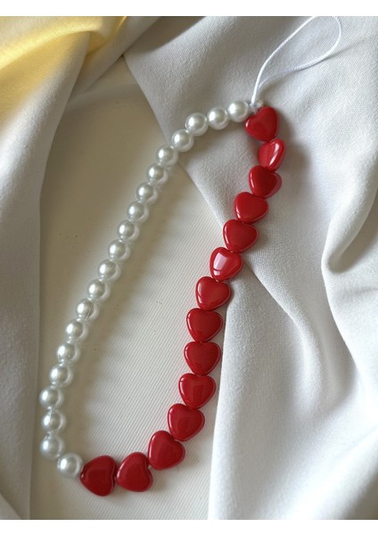 Kırmızı Kalpli Incili Telefon Charmı Telefon Ipi Bileklik Askı1