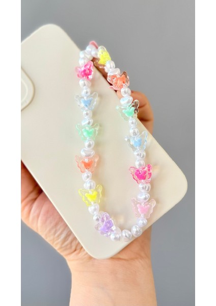 Miraztasarım Şeffaf Kelebek ve Inci Boncuklu Telefon Charm Telefon Askısı