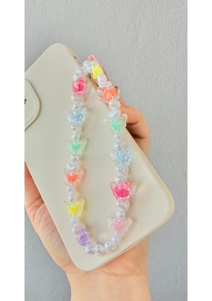 Miraztasarım Şeffaf Kelebek ve Inci Boncuklu Telefon Charm Telefon Askısı modelleri