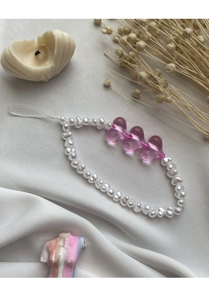 Kalp ve Incili Telefon Charm Telefon Askısı Bileklik