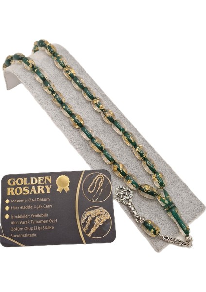 Yeşil Renk Altın Varaklı Uçak Camı Tesbih