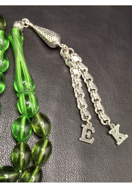 Özel Baş Harfli Gümüş Kaplama Püsküllü Yeşil Toz Kehribar Tesbih fiyatları